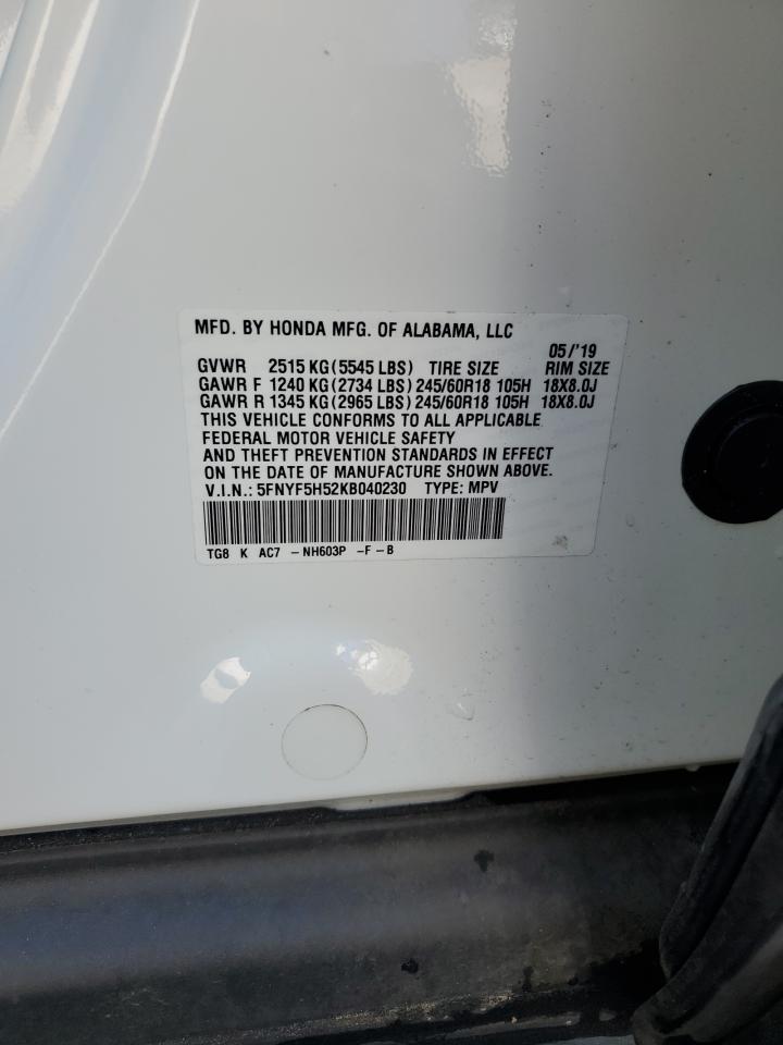 2019 Honda Pilot Exl VIN: 5FNYF5H52KB040230 Lot: 84796165