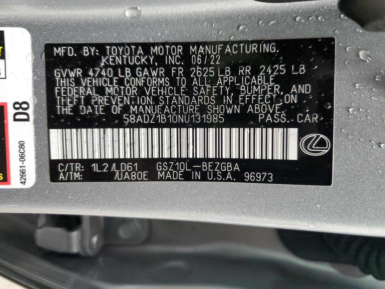 2022 Lexus Es 350 Base VIN: 58ADZ1B10NU131985 Lot: 90241555