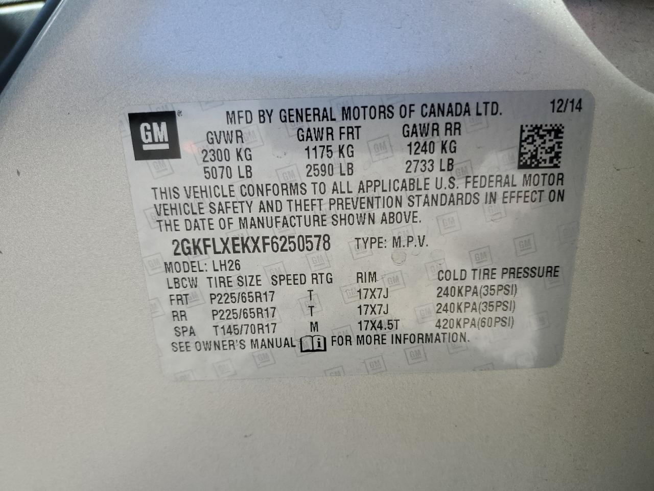 2015 GMC Terrain Slt VIN: 2GKFLXEKXF6250578 Lot: 82650505