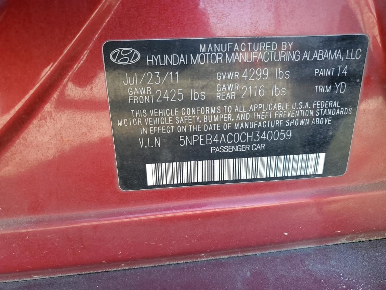 2012 Hyundai Sonata VIN: 5NPEB4AC0CH340059 Lot: 82341855