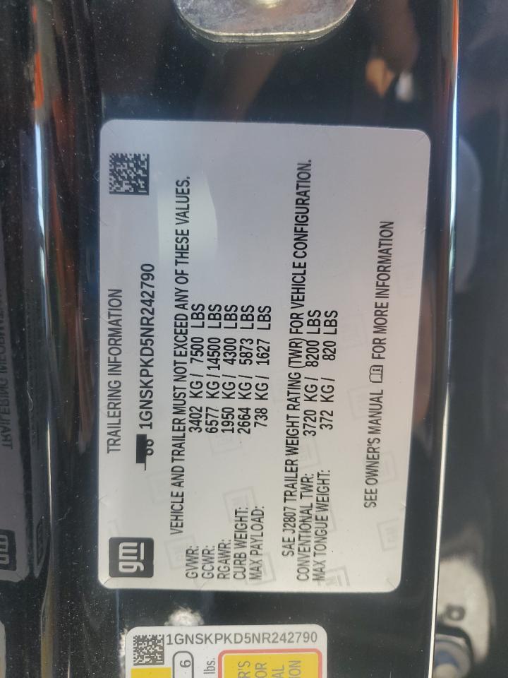 2022 Chevrolet Tahoe K1500 Z71 VIN: 1GNSKPKD5NR242790 Lot: 85405245