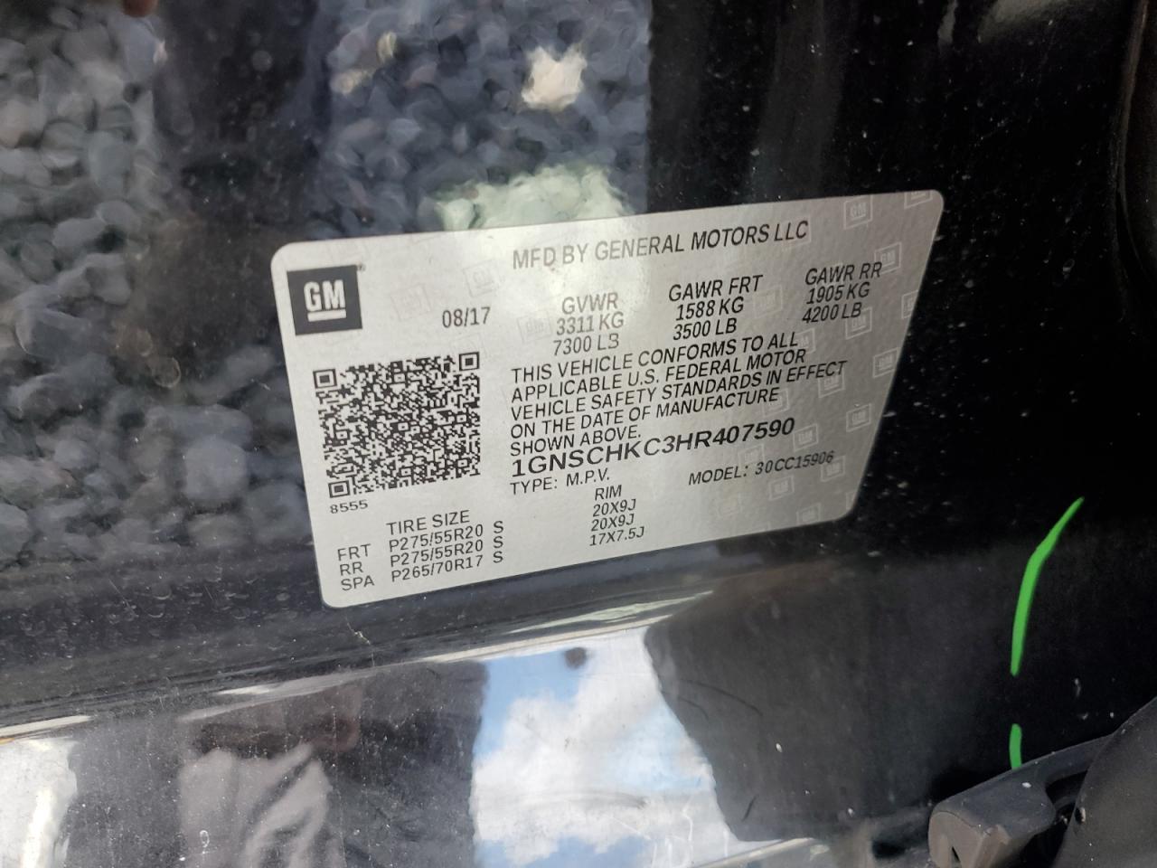 2017 Chevrolet Suburban C1500 Lt VIN: 1GNSCHKC3HR407590 Lot: 85939885