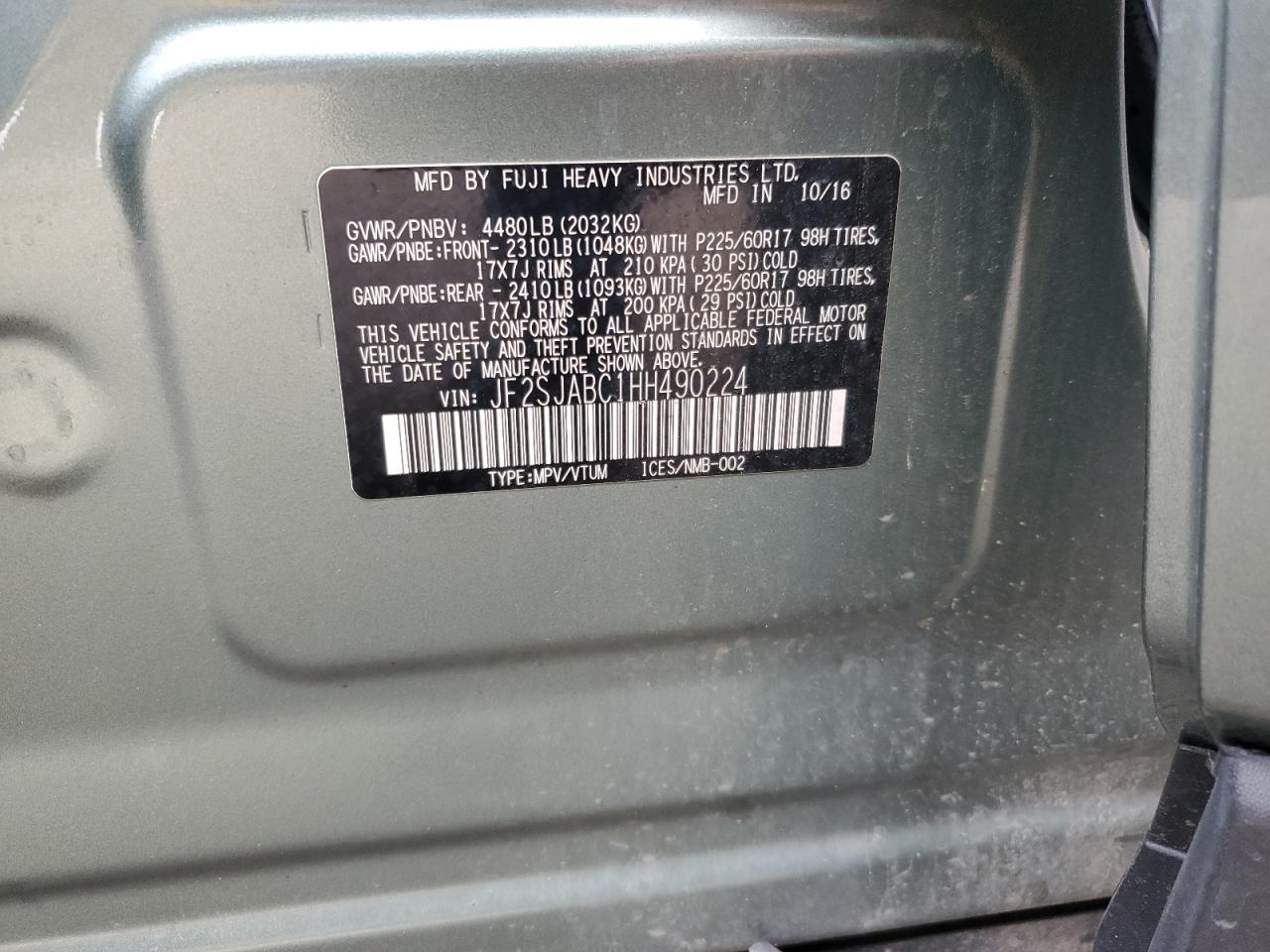 2017 Subaru Forester 2.5I VIN: JF2SJABC1HH490224 Lot: 86240605