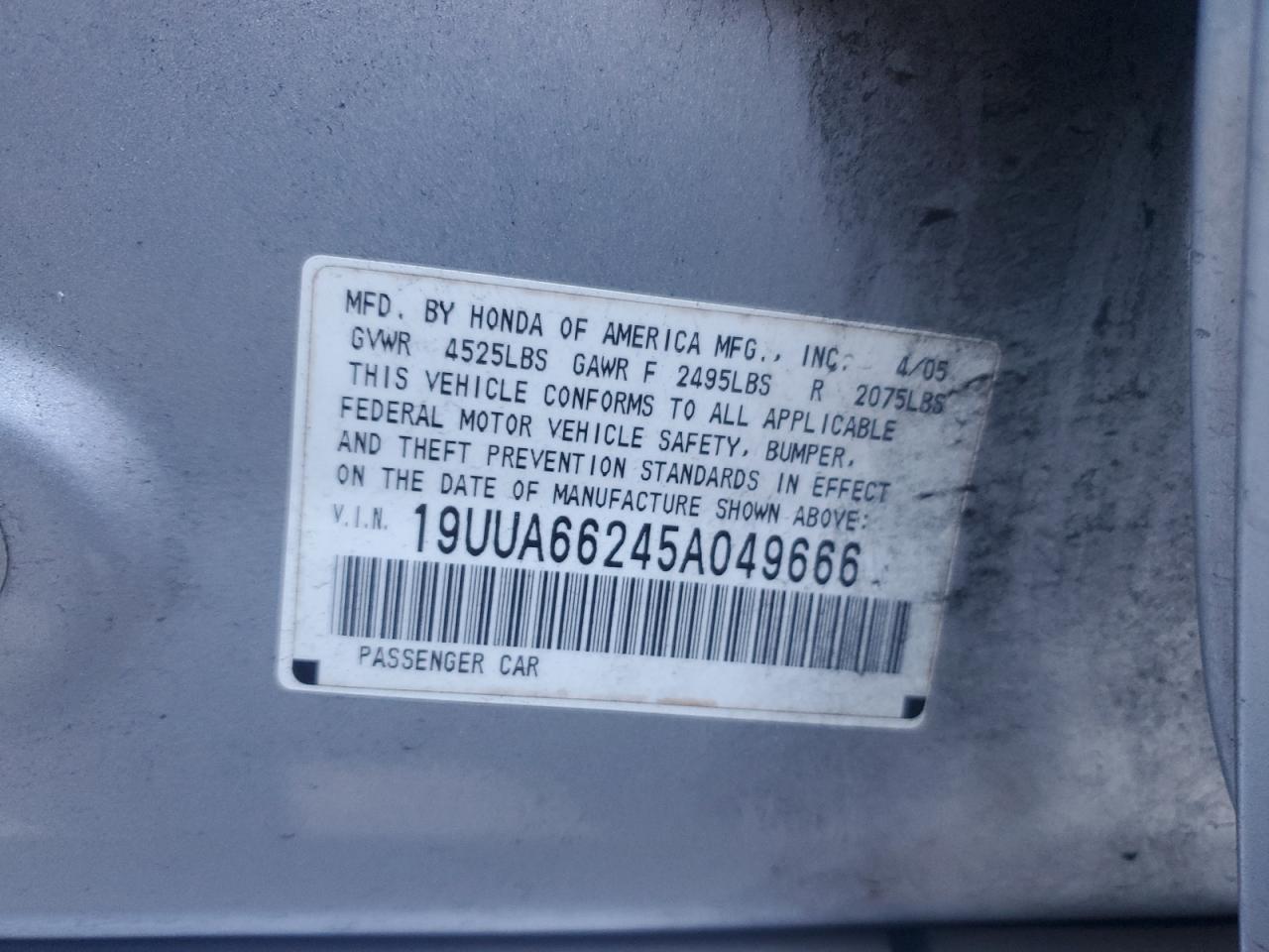 2005 Acura Tl VIN: 19UUA66245A049666 Lot: 86221075