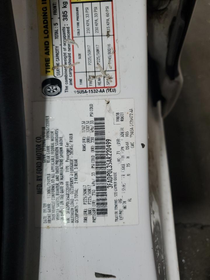 2010 Ford Fusion Hybrid VIN: 3FADP0L35AR220499 Lot: 86827055