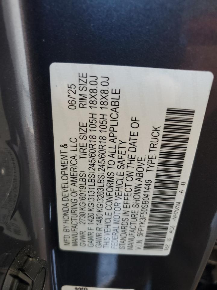 2025 Honda Ridgeline Rtl VIN: 5FPYK3F50SB041449 Lot: 86894365
