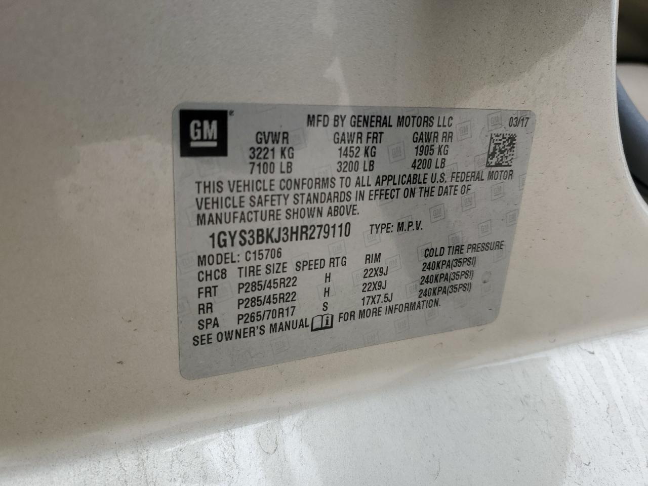 2017 Cadillac Escalade Luxury VIN: 1GYS3BKJ3HR279110 Lot: 90097715