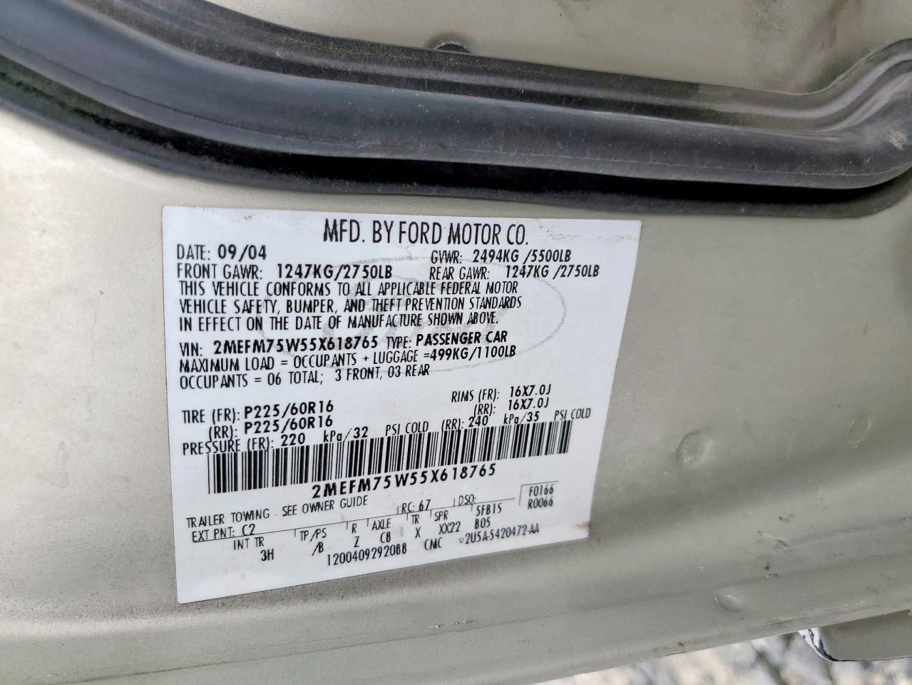 2005 Mercury Grand Marquis Ls VIN: 2MEFM75W55X618765 Lot: 86804285