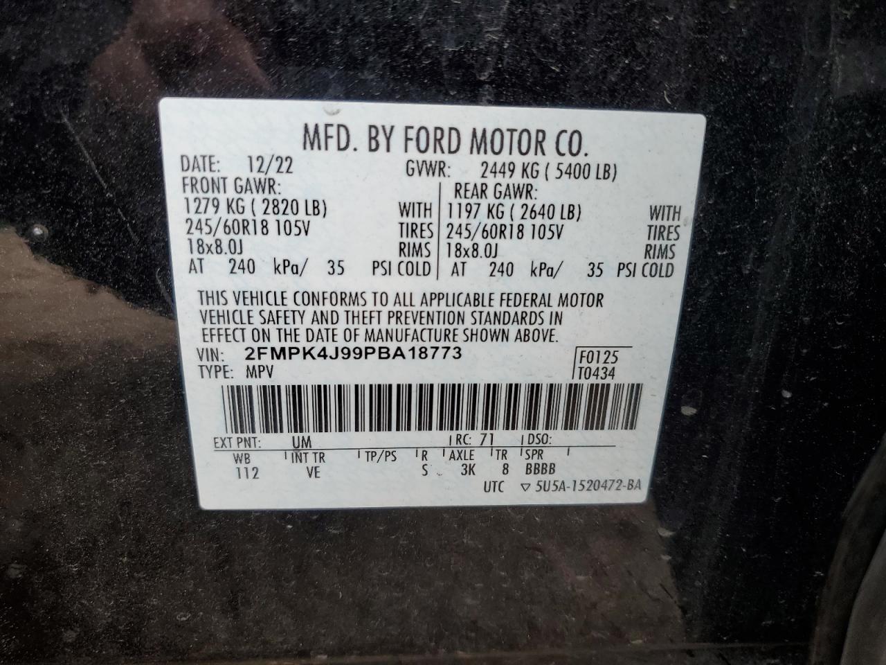 2023 Ford Edge Sel VIN: 2FMPK4J99PBA18773 Lot: 82286925
