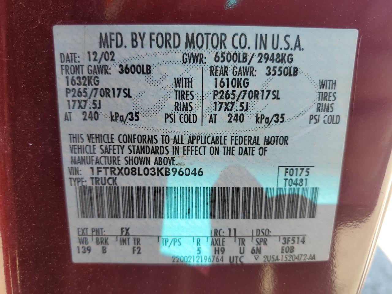 2003 Ford F150 VIN: 1FTRX08L03KB96046 Lot: 84706325