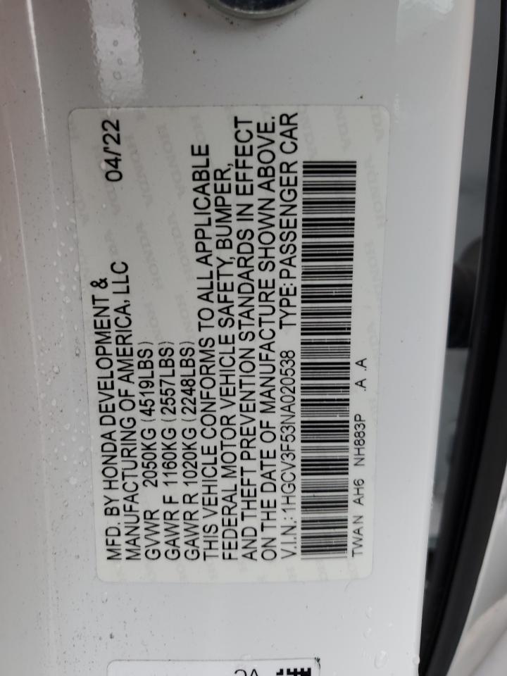 2022 Honda Accord Hybrid Exl VIN: 1HGCV3F53NA020538 Lot: 82405205