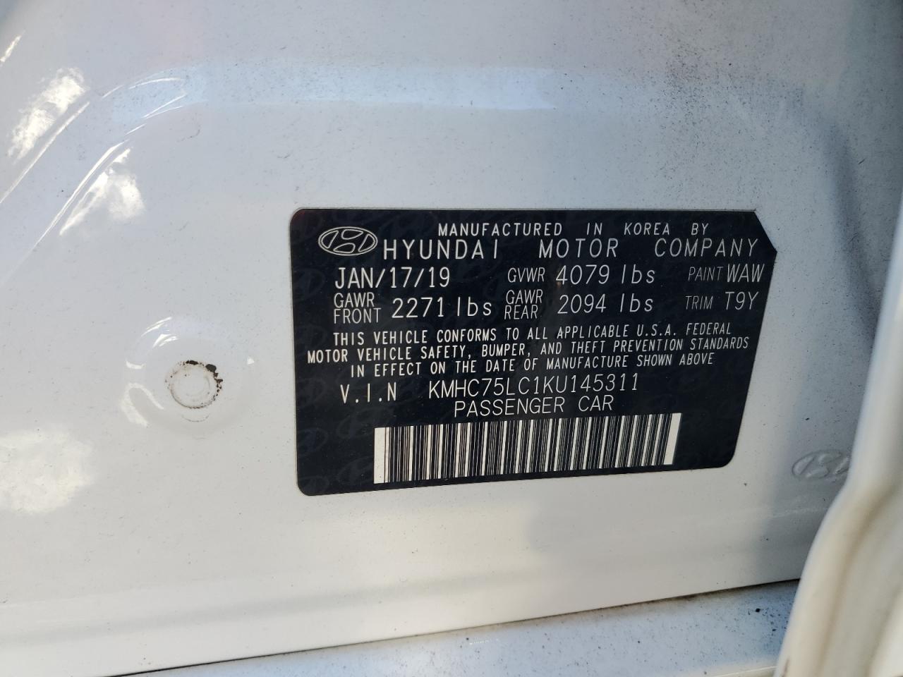 2019 Hyundai Ioniq Sel VIN: KMHC75LC1KU145311 Lot: 81863705