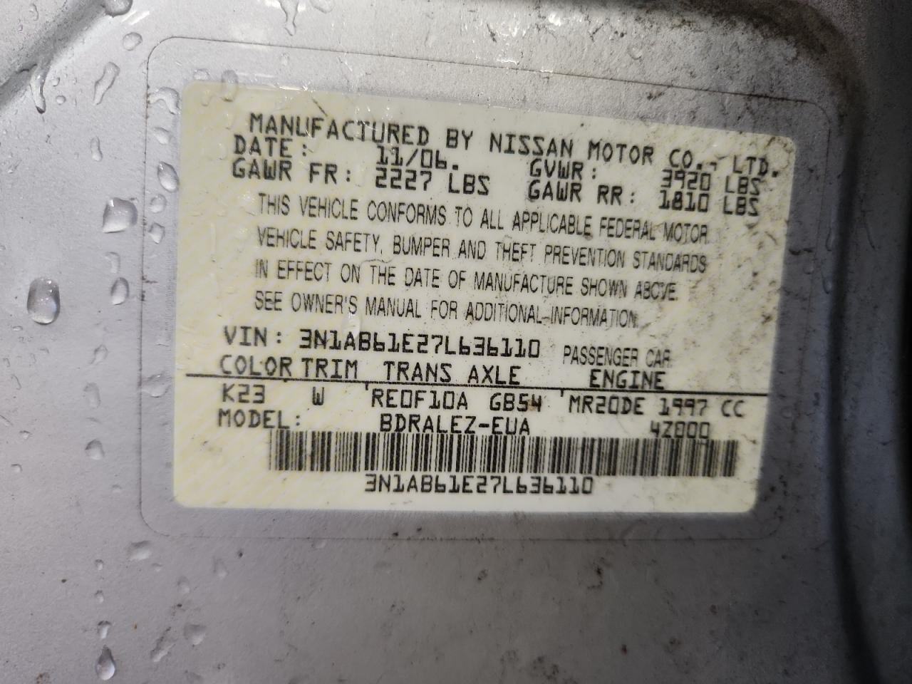 2007 Nissan Sentra 2.0 VIN: 3N1AB61E27L636110 Lot: 84955435