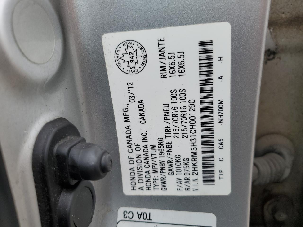 2012 Honda Cr-V Lx VIN: 2HKRM3H31CH001290 Lot: 85512645