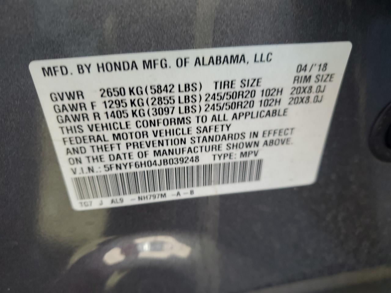 2018 Honda Pilot Elite VIN: 5FNYF6H04JB039248 Lot: 81938775