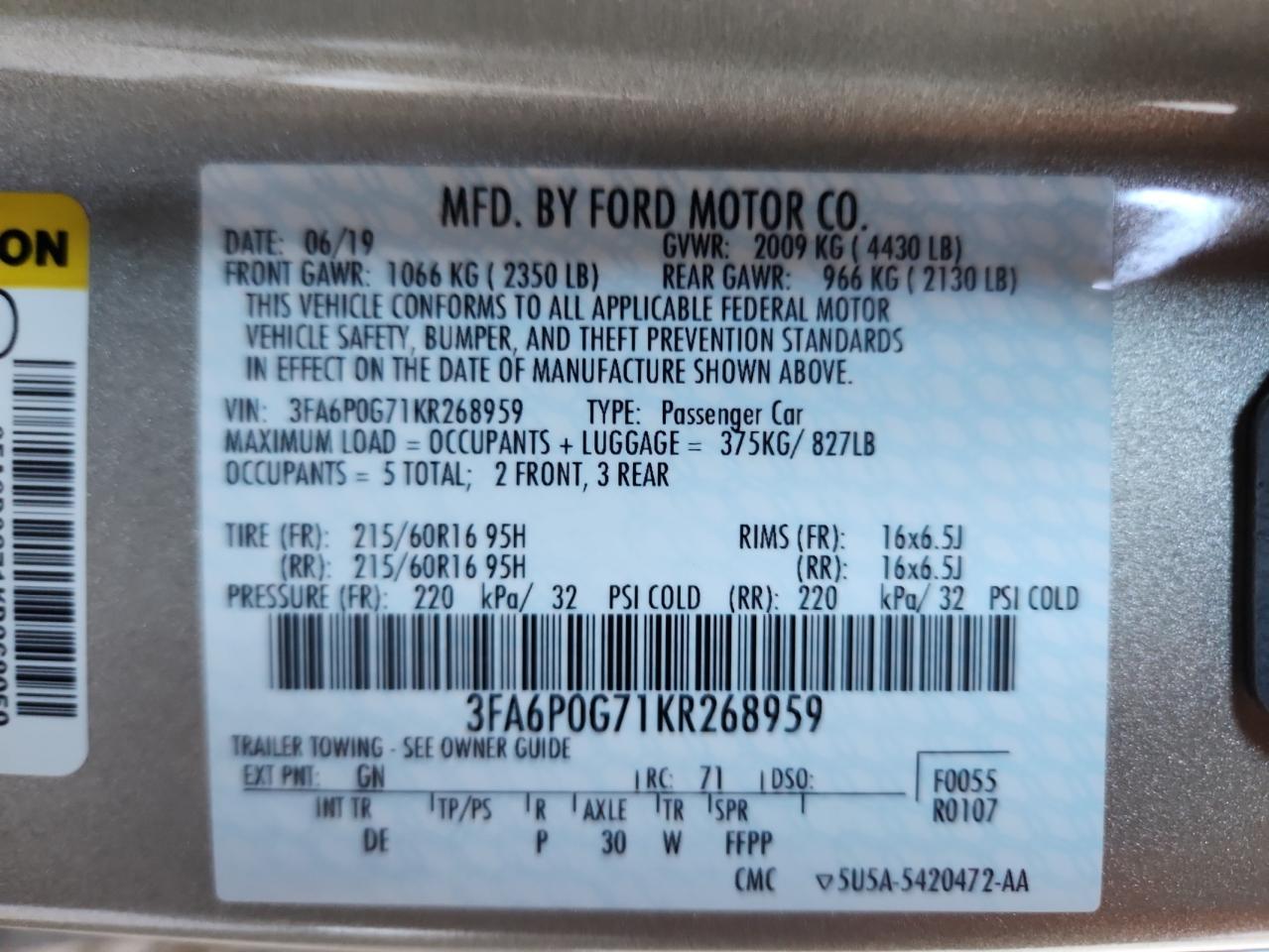 2019 Ford Fusion S VIN: 3FA6P0G71KR268959 Lot: 87073005