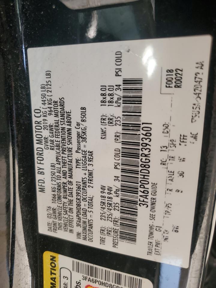 2016 Ford Fusion Se VIN: 3FA6P0HD8GR393601 Lot: 85495005