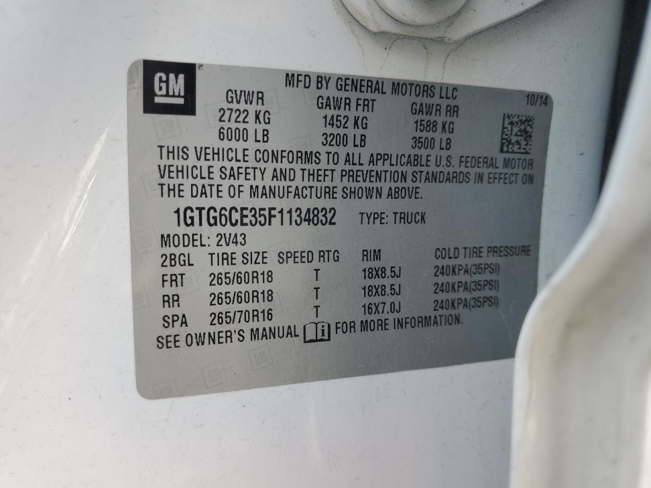 2015 GMC Canyon Slt VIN: 1GTG6CE35F1134832 Lot: 81915405