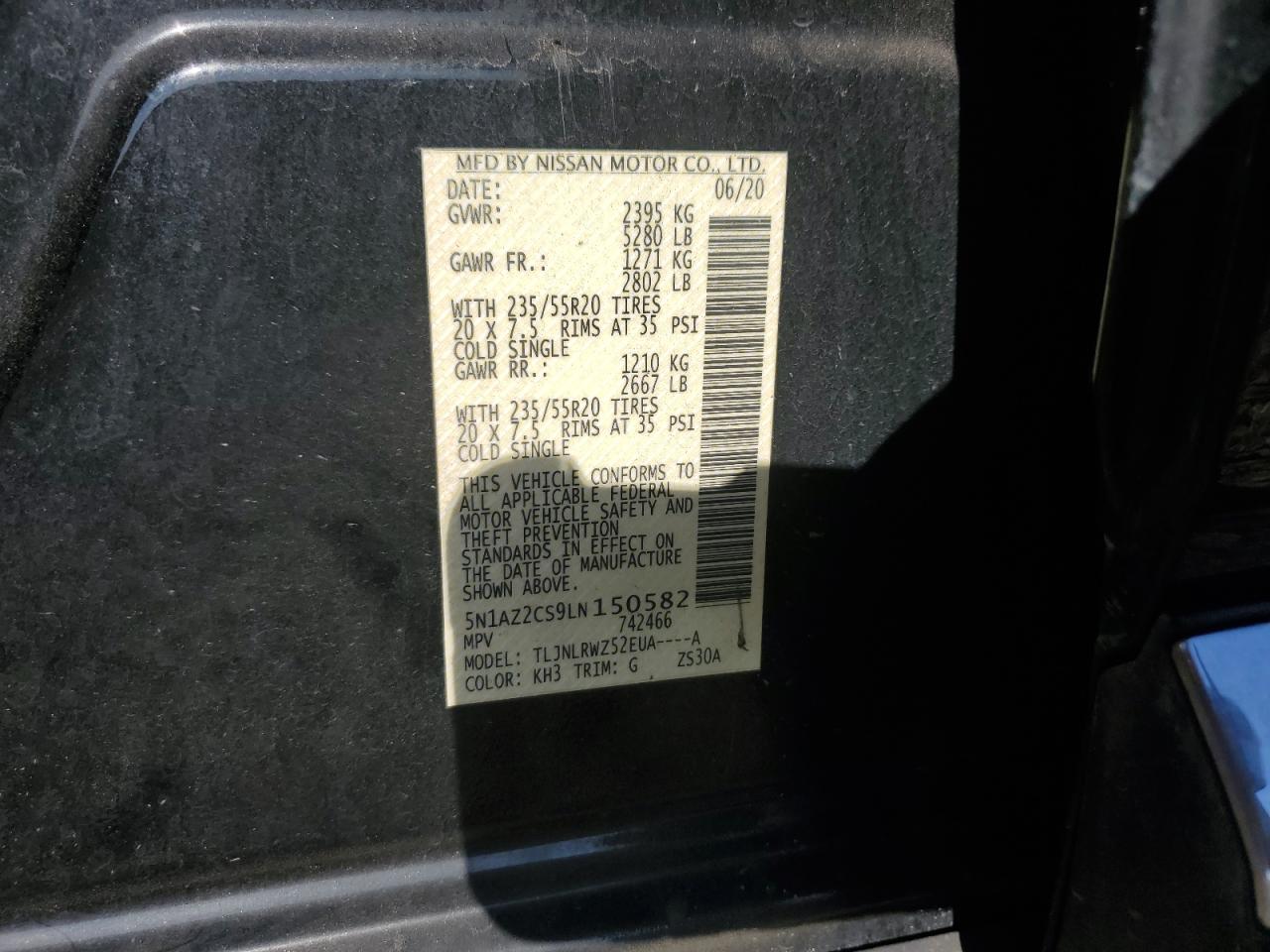 2020 Nissan Murano Sl VIN: 5N1AZ2CS9LN150582 Lot: 84951335