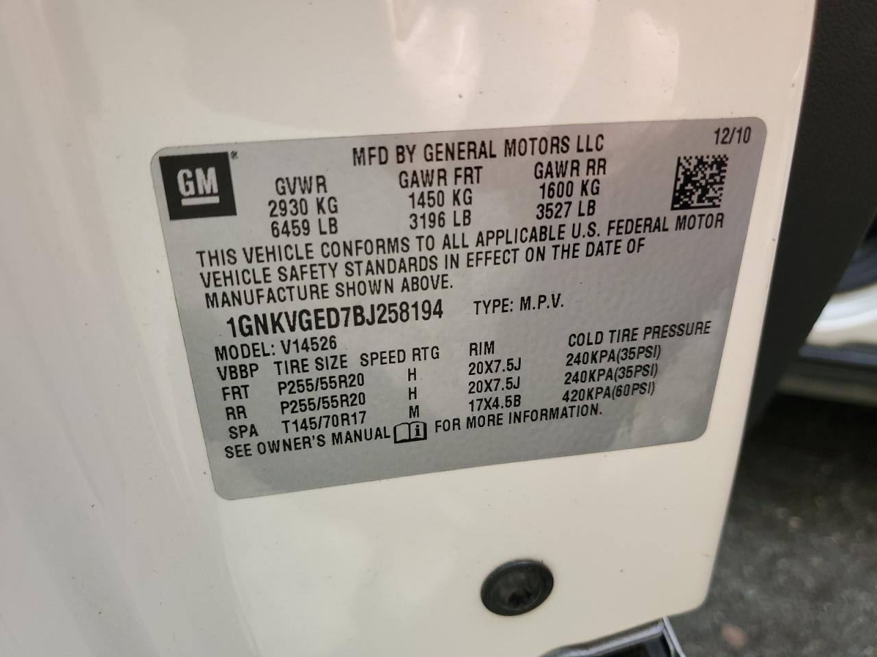 2011 Chevrolet Traverse Lt VIN: 1GNKVGED7BJ258194 Lot: 81955375