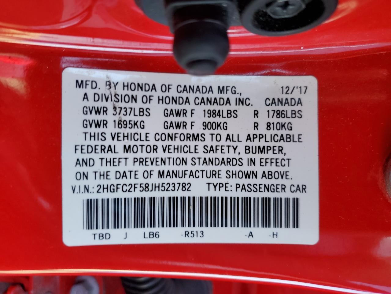 2018 Honda Civic Lx VIN: 2HGFC2F58JH523782 Lot: 85650825