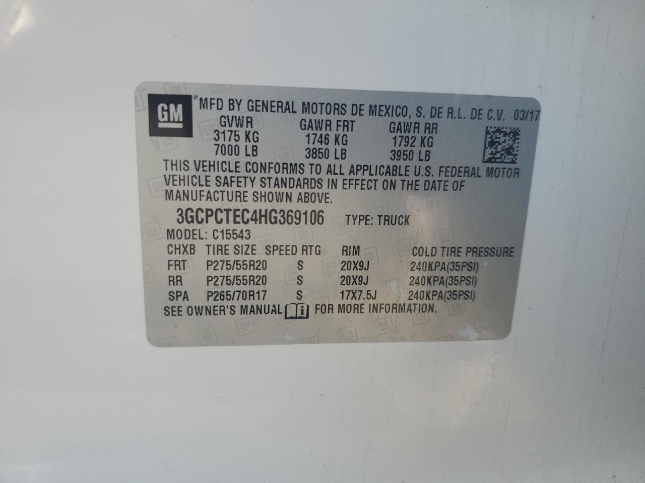 2017 Chevrolet Silverado C1500 High Country VIN: 3GCPCTEC4HG369106 Lot: 82539495