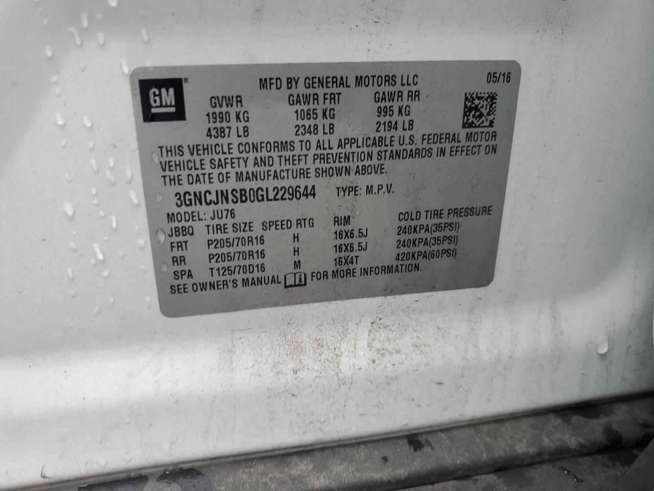2016 Chevrolet Trax Ls VIN: 3GNCJNSB0GL229644 Lot: 85009395