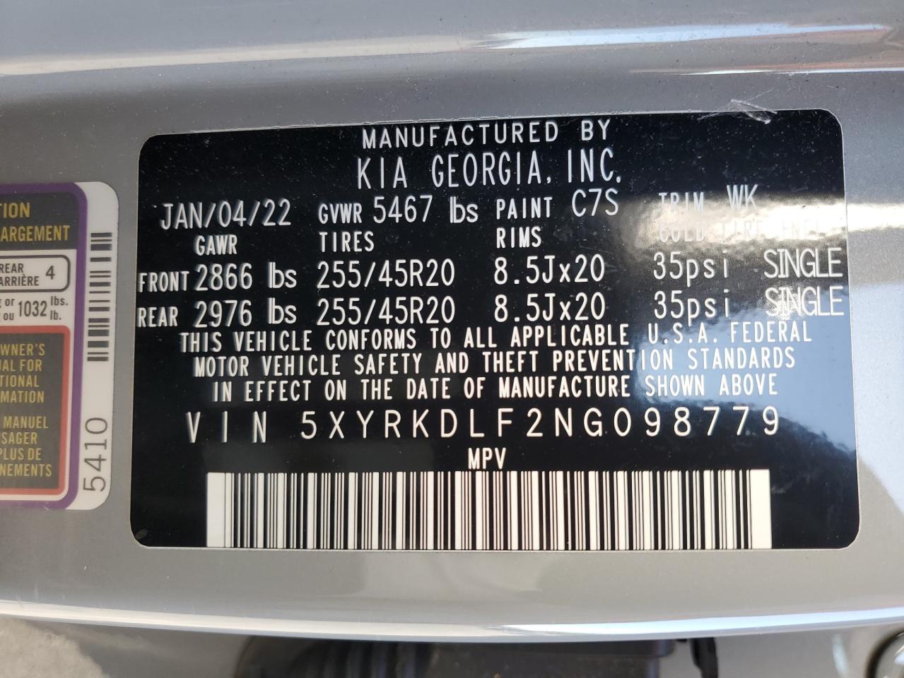 2022 Kia Sorento Sx VIN: 5XYRKDLF2NG098779 Lot: 82207655