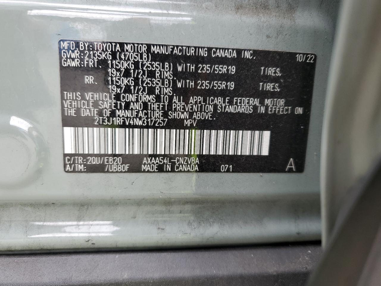 2022 Toyota Rav4 Adventure VIN: 2T3J1RFV4NW317257 Lot: 86471505