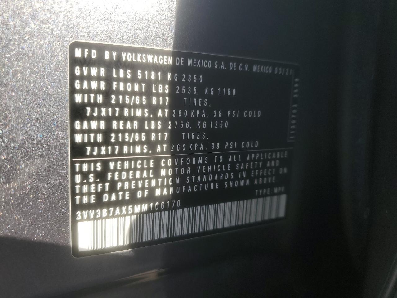 2021 Volkswagen Tiguan Se VIN: 3VV3B7AX5MM106170 Lot: 84768035