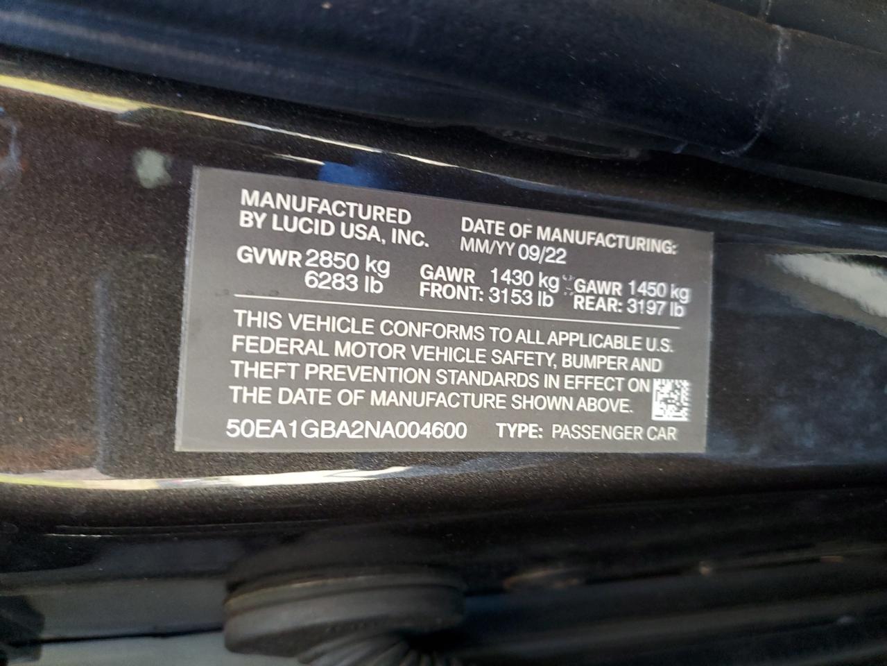 2022 Lucid Motors Air Grand Touring VIN: 50EA1GBA2NA004600 Lot: 86829205