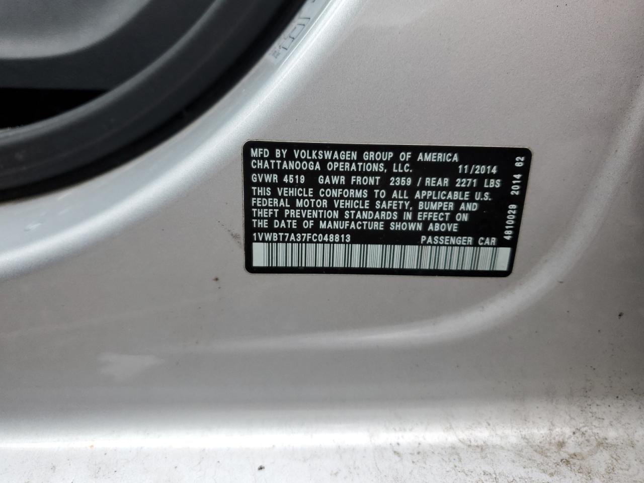 2015 Volkswagen Passat Se VIN: 1VWBT7A37FC048813 Lot: 87070775