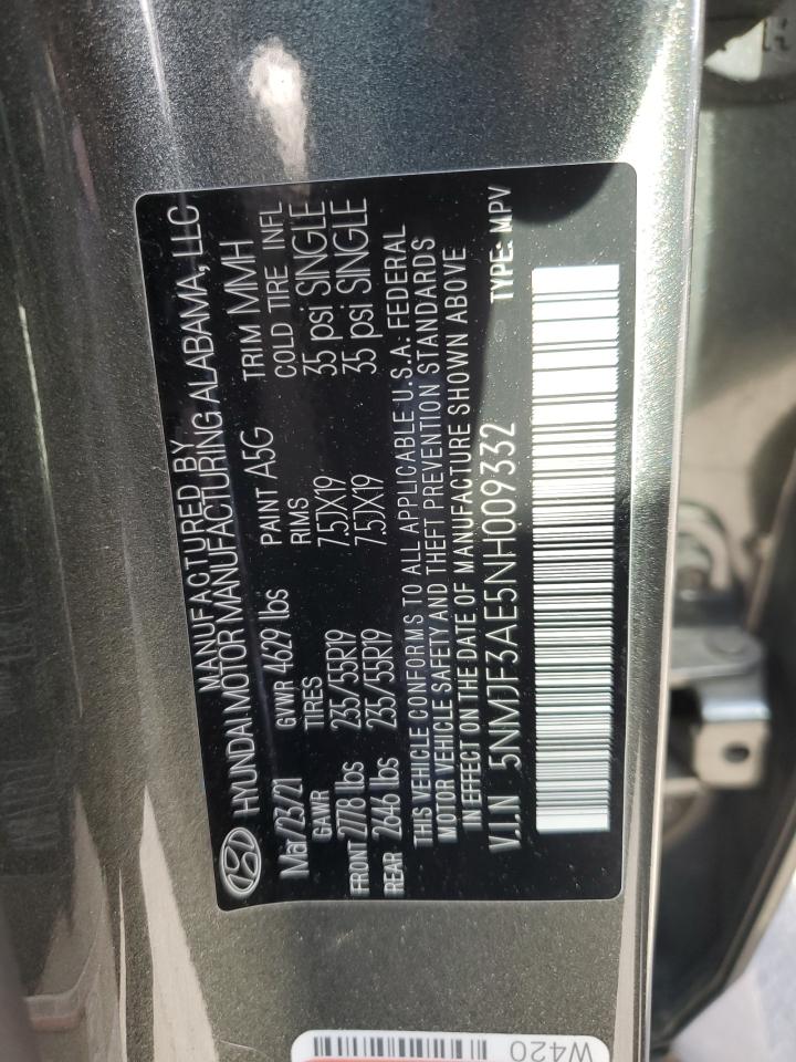 2022 Hyundai Tucson Sel VIN: 5NMJF3AE5NH009332 Lot: 85348465
