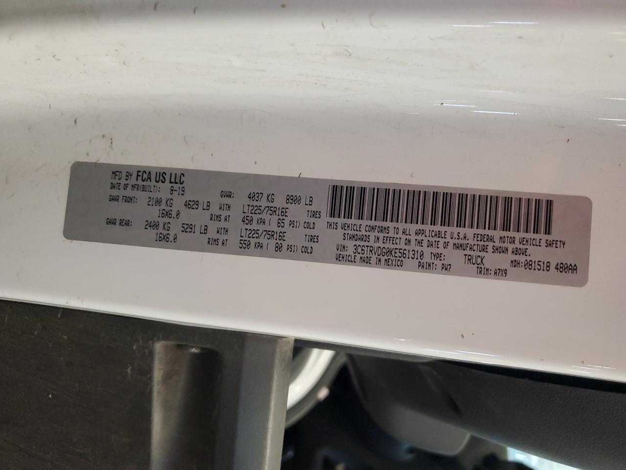 2019 Ram Promaster 2500 Delivery Van VIN: 3C6TRVDG0KE561310 Lot: 89855375