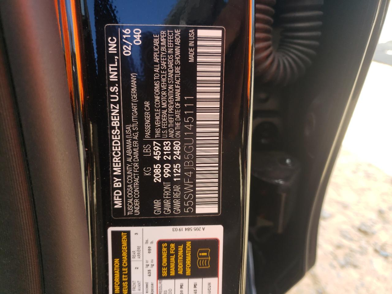 2016 Mercedes-Benz C 300 VIN: 55SWF4JB5GU145111 Lot: 84757335