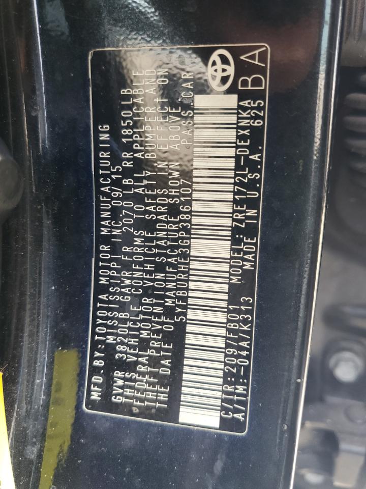 2016 Toyota Corolla L VIN: 5YFBURHE3GP386107 Lot: 85110015