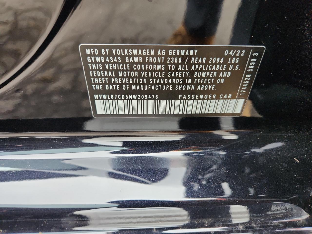 2022 Volkswagen Gti Se VIN: WVWL87CD5NW209476 Lot: 90931785