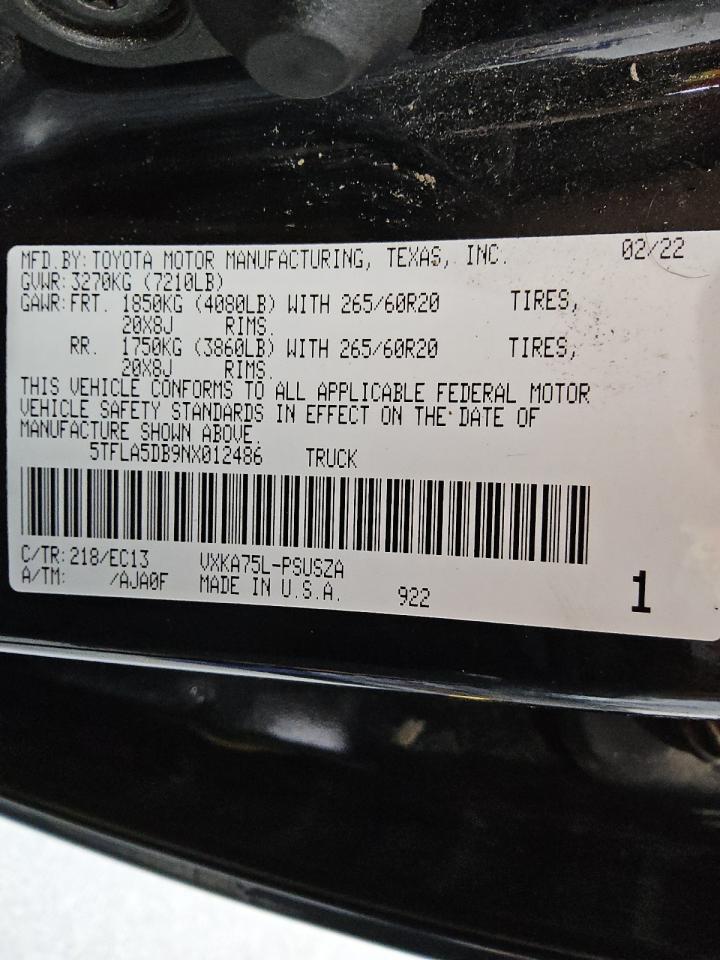 2022 Toyota Tundra Crewmax Sr VIN: 5TFLA5DB9NX012486 Lot: 85927915