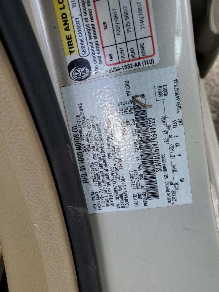 2007 Lincoln Mkz VIN: 3LNHM26T47R649522 Lot: 90268065