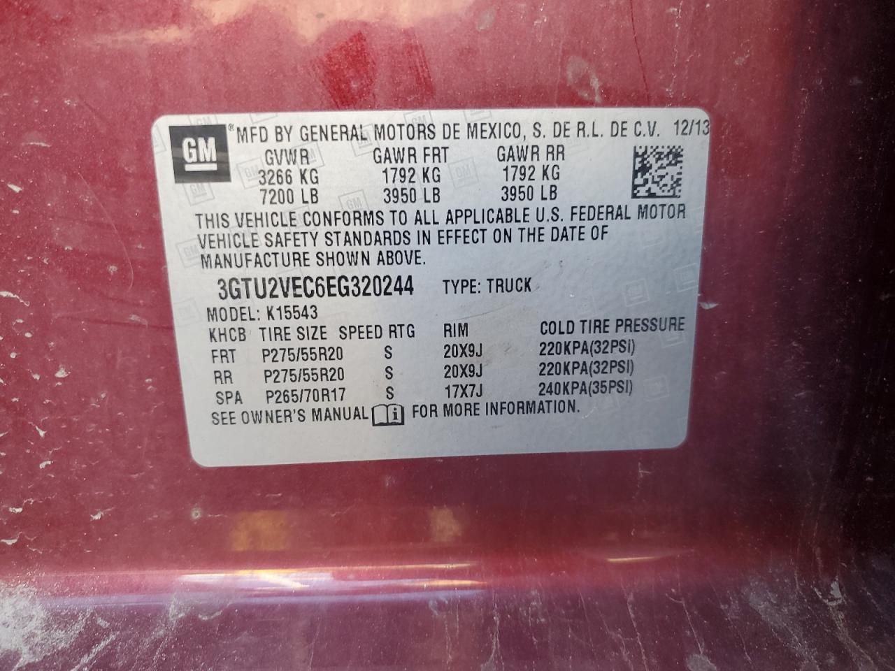 2014 GMC Sierra K1500 Slt VIN: 3GTU2VEC6EG320244 Lot: 86125845