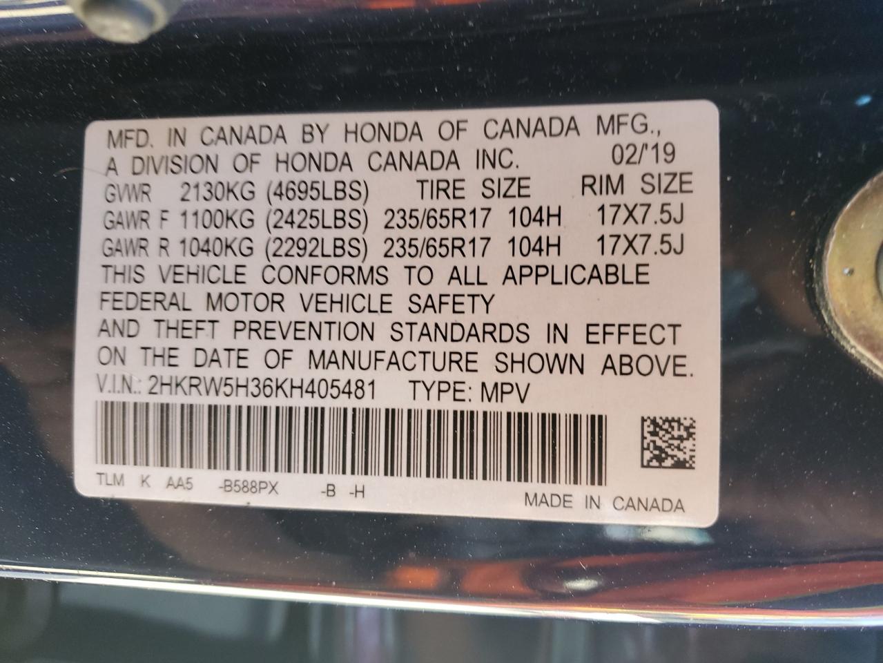 2019 Honda Cr-V Lx VIN: 2HKRW5H36KH405481 Lot: 84972395