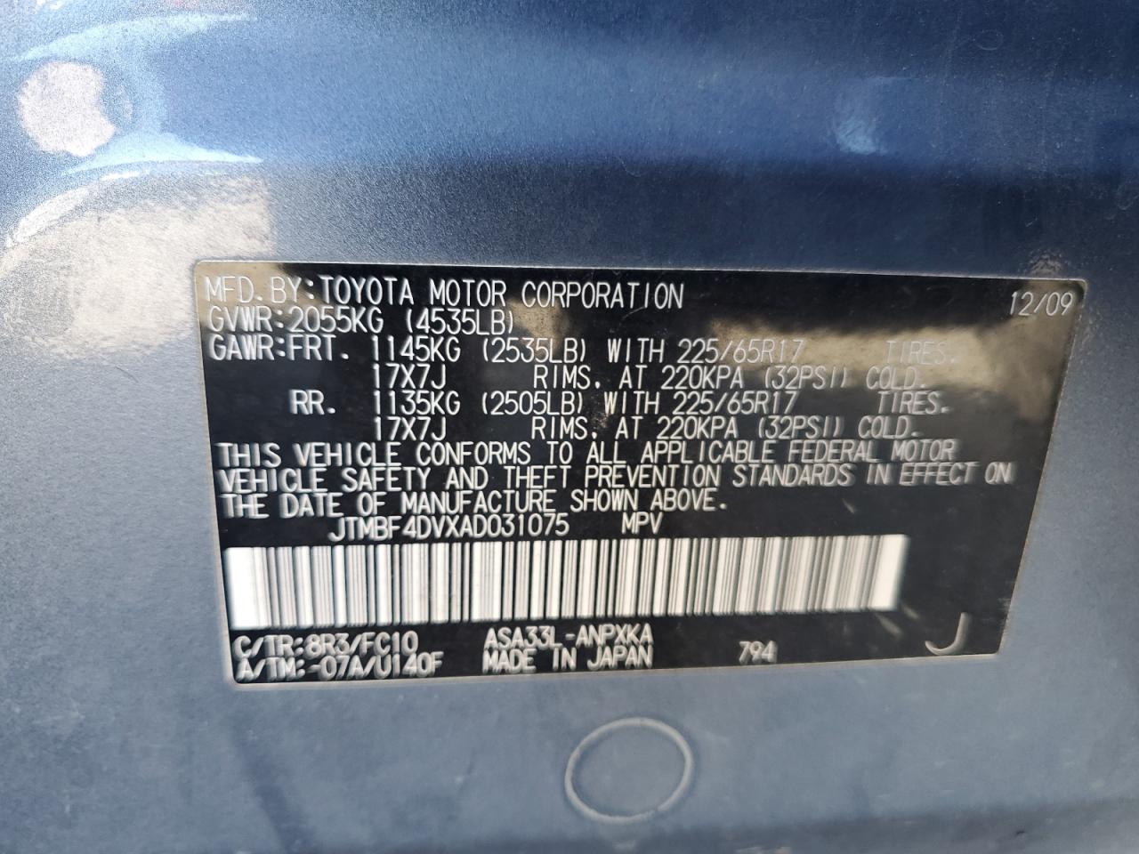 2010 Toyota Rav4 VIN: JTMBF4DVXAD031075 Lot: 89687195