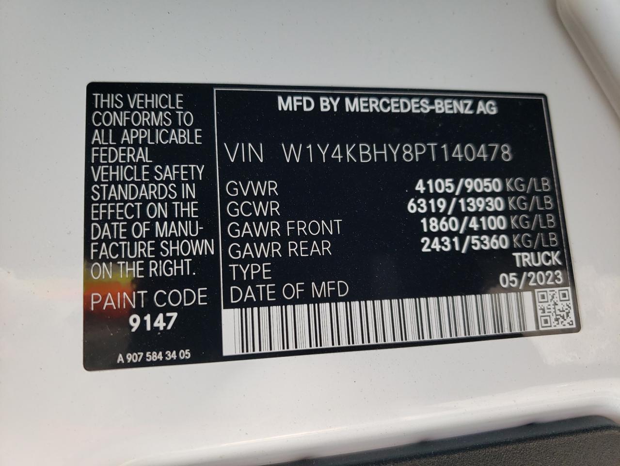 2023 Mercedes-Benz Sprinter 2500 VIN: W1Y4KBHY8PT140478 Lot: 82191195