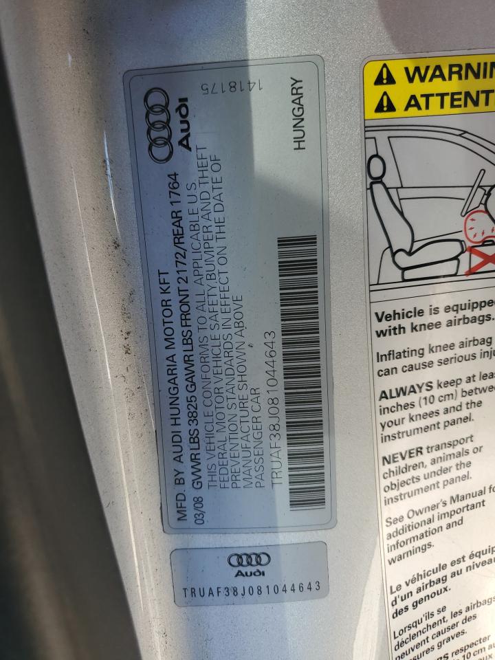 2008 Audi Tt 2.0T VIN: TRUAF38J081044643 Lot: 84947035