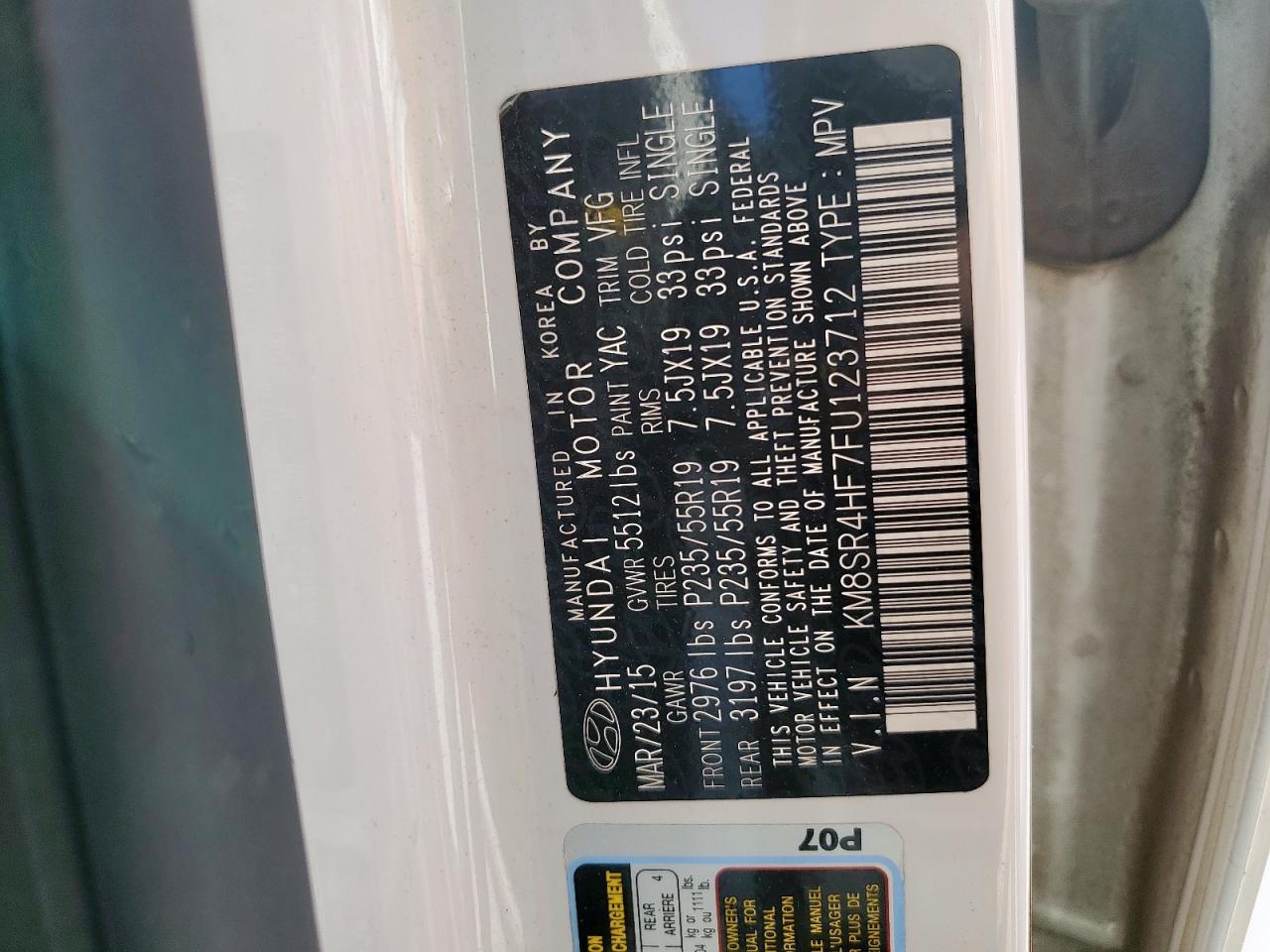 2015 Hyundai Santa Fe Gls VIN: KM8SR4HF7FU123712 Lot: 86333915