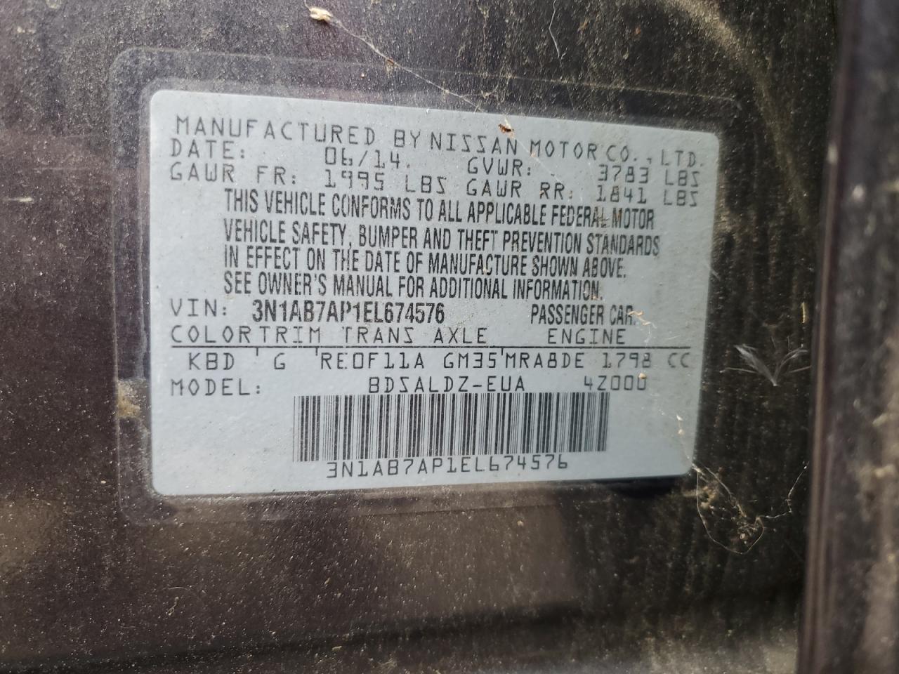 2014 Nissan Sentra S VIN: 3N1AB7AP1EL674576 Lot: 89858865