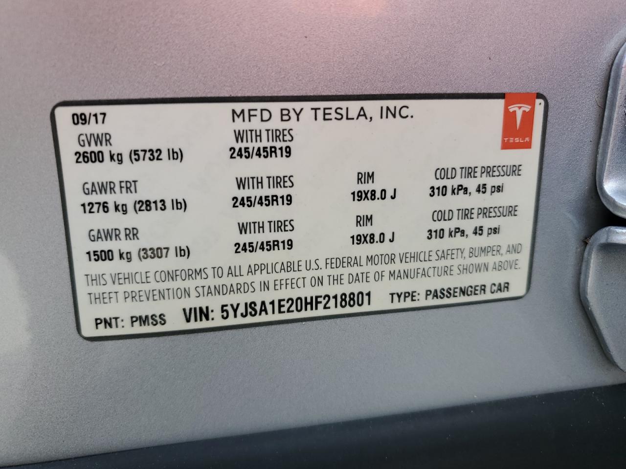 2017 Tesl Model S 75D VIN: 5YJSA1E20HF218801 Lot: 90690205