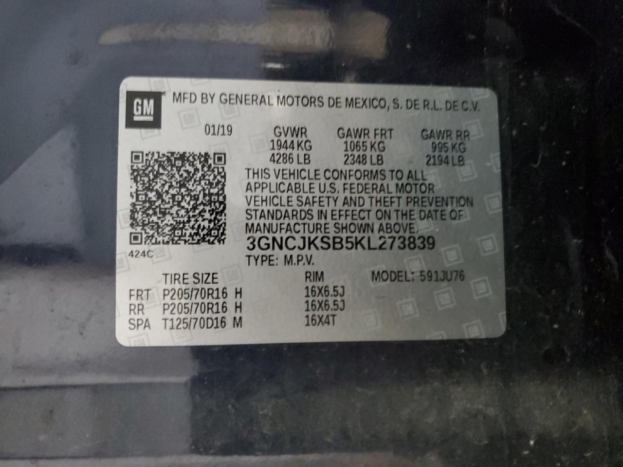 2019 Chevrolet Trax Ls VIN: 3GNCJKSB5KL273839 Lot: 86728915