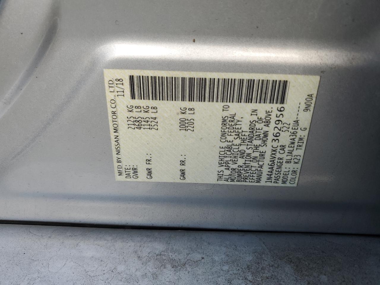 2019 Nissan Maxima S VIN: 1N4AA6AVXKC362956 Lot: 82643105