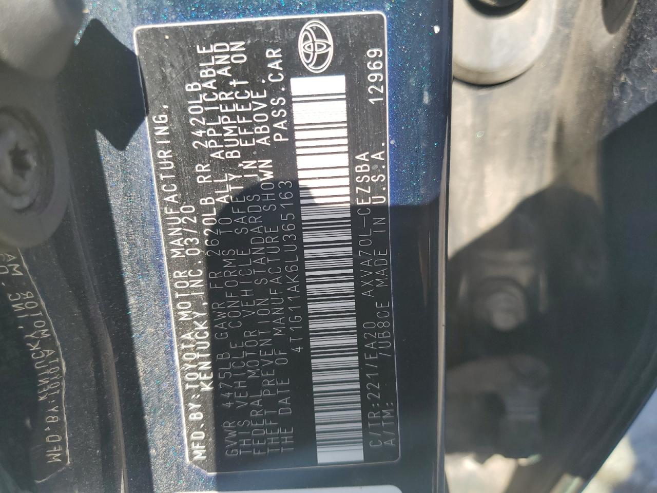 2020 Toyota Camry Se VIN: 4T1G11AK6LU365163 Lot: 85864095